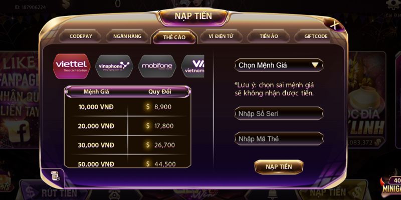 Nạp tiền bắn cá đơn giản qua thẻ cào Nạp tiền bắn cá đơn giản qua thẻ cào