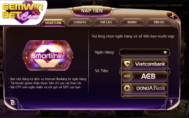 Hướng dẫn nạp tiền Gemwin bằng thẻ ngân hàng  Hướng dẫn nạp tiền Gemwin bằng thẻ ngân hàng